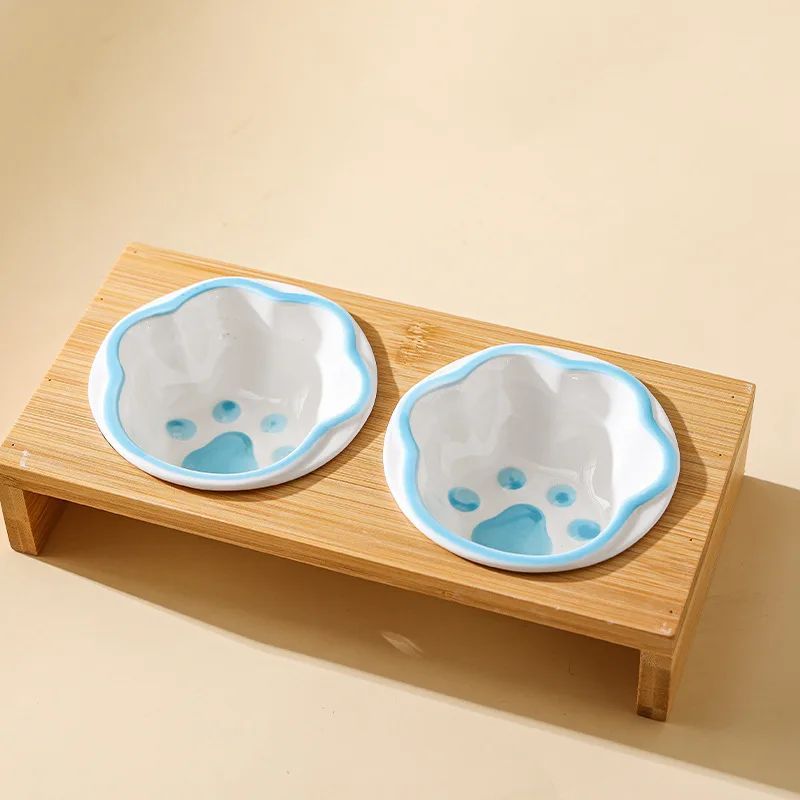 Pet Supplies Bamboo Frame Hand Colored Ceramic Protection For Cervical Vertebrae Eating Drinking Samll Cat And Dog Bowls