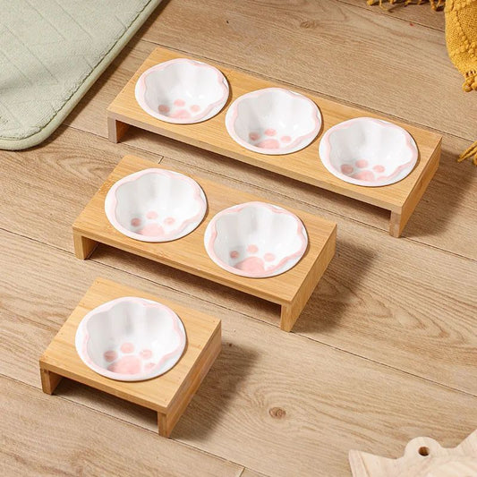 Pet Supplies Bamboo Frame Hand Colored Ceramic Protection For Cervical Vertebrae Eating Drinking Samll Cat And Dog Bowls